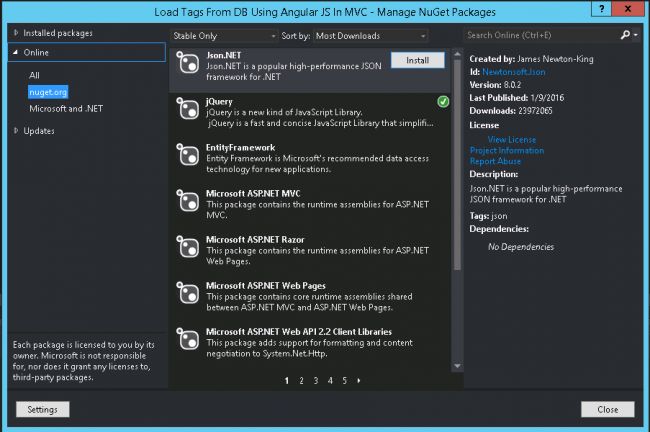 Manage NuGet Package Window 